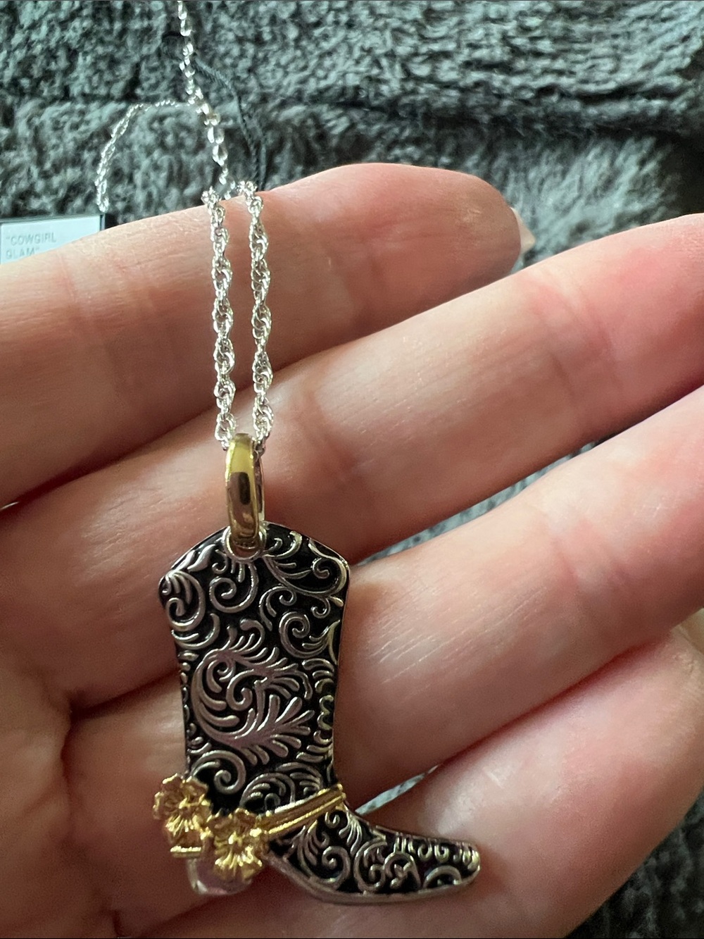 Two-Tone Silver and Gold Cowboy Boot Pendant Necklace